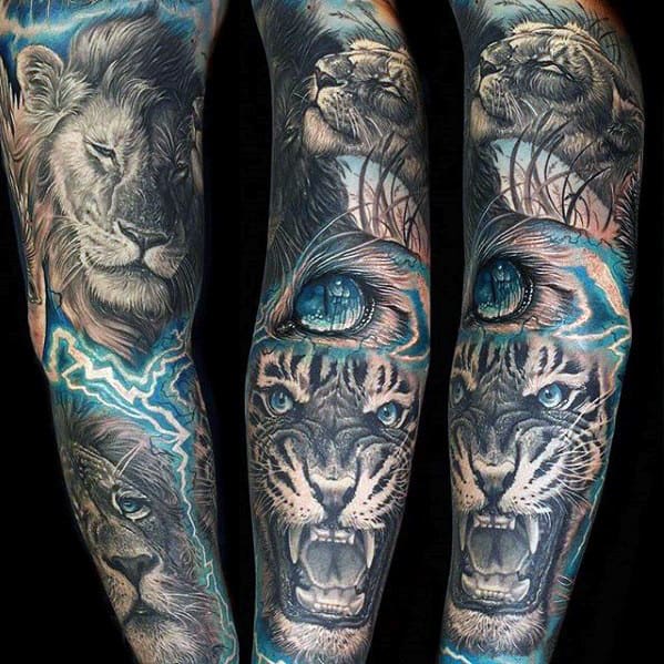 3d Mens Lion And Tiger Electric Blue Ink Sleeve Tattoo