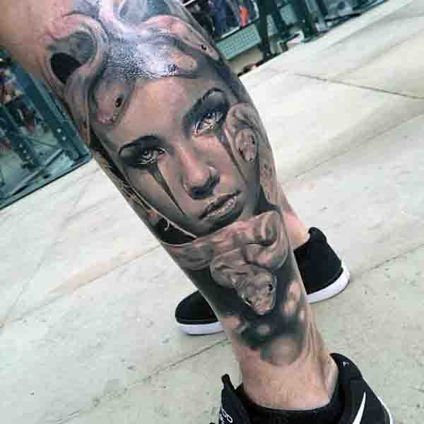 3d Mens Medusa Tattoo Leg Sleeve Design