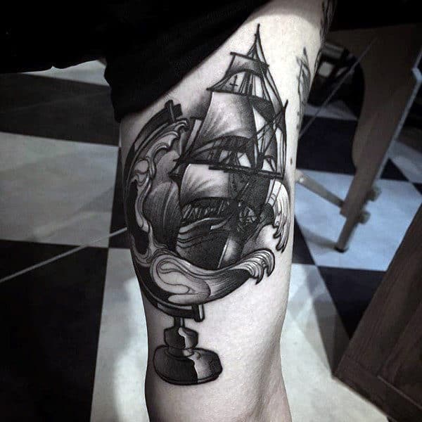 3d Mens Modern Globe Sailing Ship Arm Tattoos