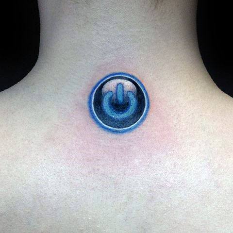 Small black and blue power symbol tattoo on the upper back, designed with a subtle 3D glow effect.