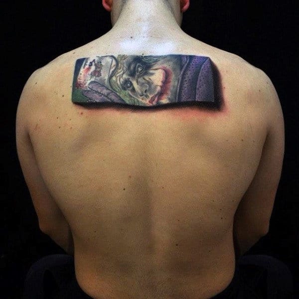 3d Mens Rectangular Joker Upper Back Tattoos