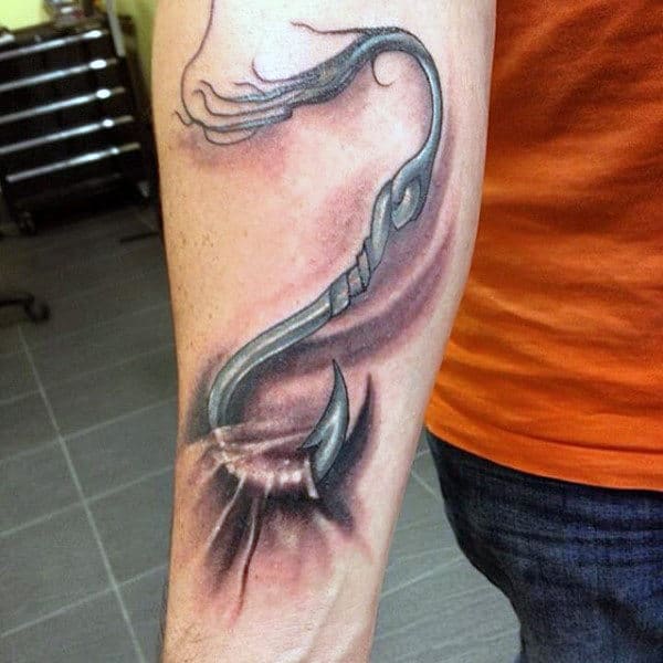 3d Mens Ripped Skin Fish Hook Tattoo On Inner Forearm