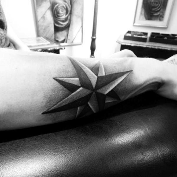 3d Mens Shaded Black And Grey Nautical Star Forearm Tattoo Design Ideas