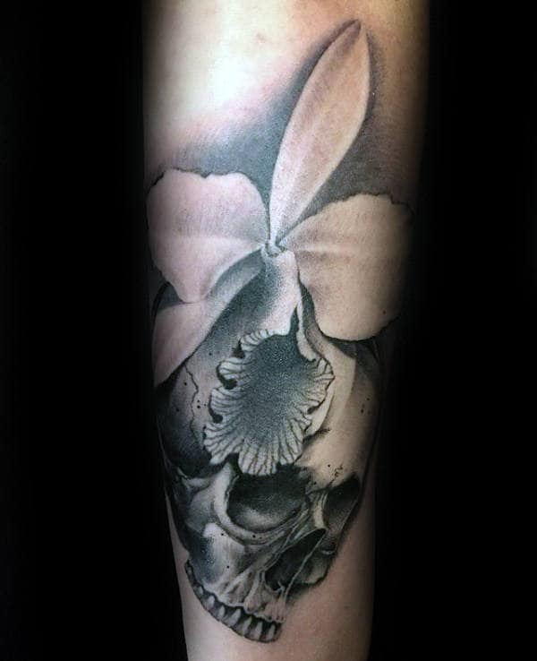 3d Mens Shaded Orchid And Skull Forearm Tattoo