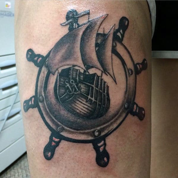 3d Mens Ship Wheel Tattoo With Boat On Arm