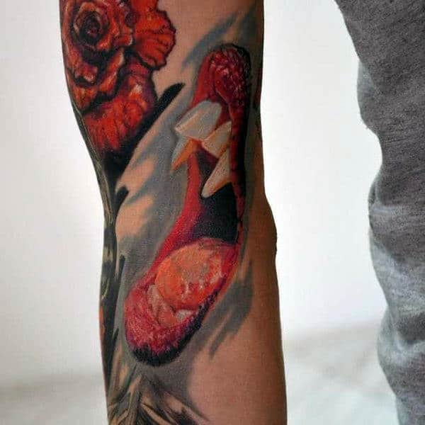 3d Mens Vampire Fangs And Mouth Tattoo On Arm