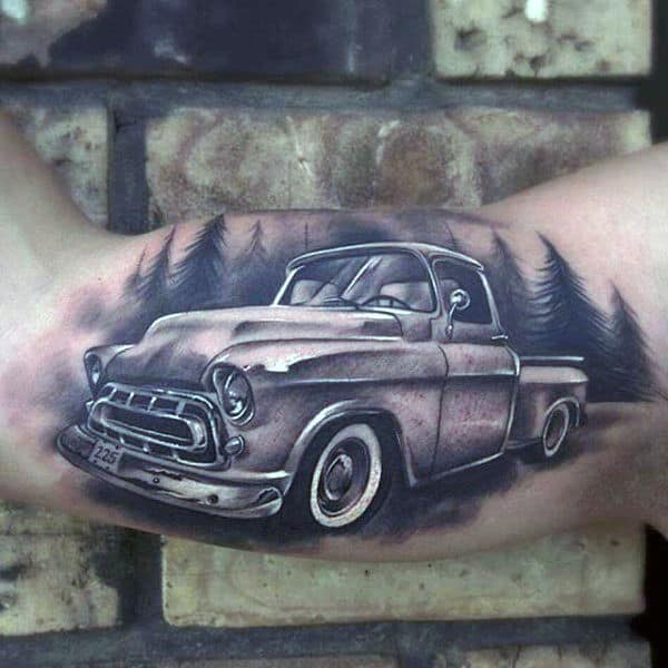 3d Mens Vintage Truck Bicep Inner Arm Tattoos