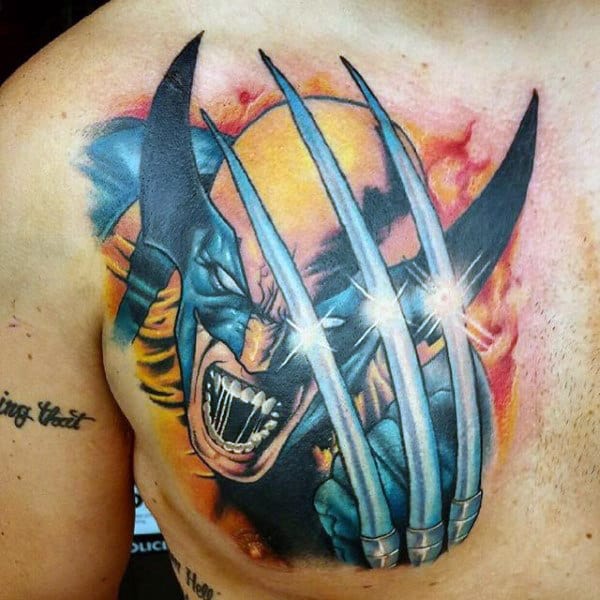 3d Metallic Baldes Guys Wolverine Upper Chest Tattoo