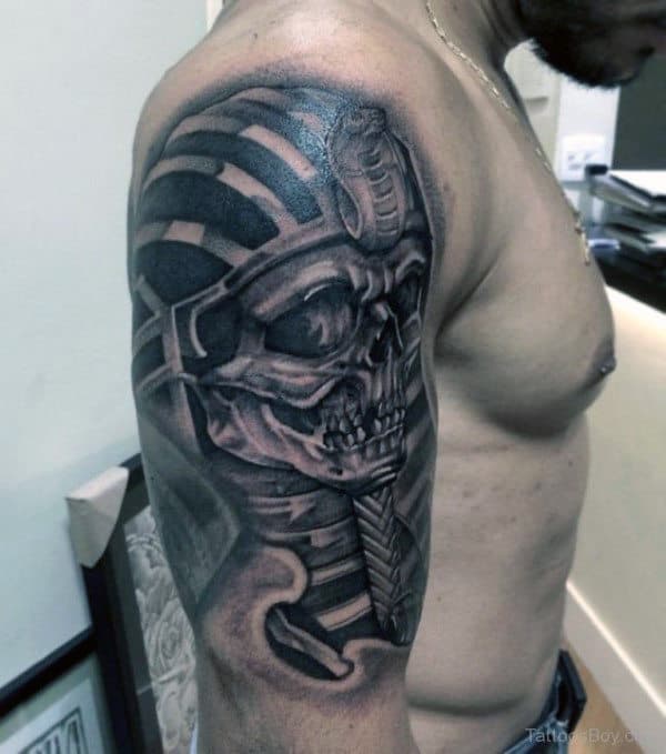 3d Metallic Skull King Tut Mens Half Sleeve Shaded Tattoo Designs
