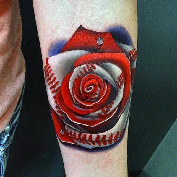 Vibrant tattoo of a rose made from baseball leather, with red stitching and realistic dew drops, blending sports passion with floral art.