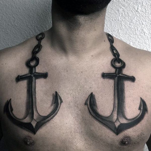 3d Nautical Anchors Tattoo On Mans Upper Chest Realistic Design