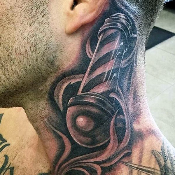 3d Neck Barbershop Pole Male Tattoo On Neck