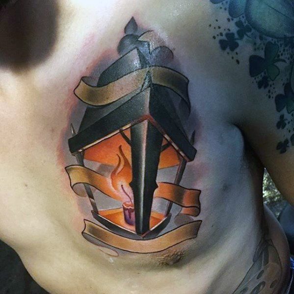 3d New School Upper Chest Male Lantern Tattoo Ideas