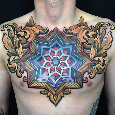 3d Optical Illusion Mens Filigree Geometrical Chest Tattoos