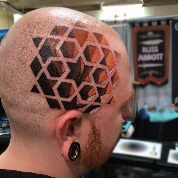3d Optical Illusion Mens Head Tattoo With Star Pattern