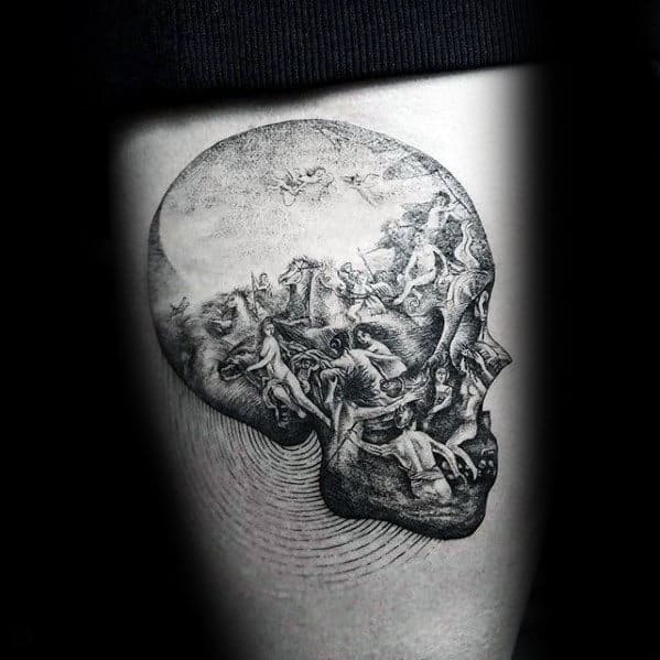 Tattoo of a skull composed of intricately drawn horses and humans, creating an optical illusion effect on a person's skin