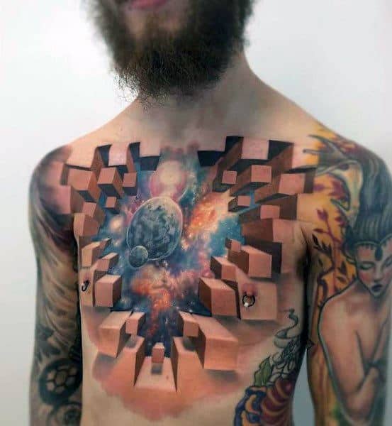3D chest tattoo of a cosmic explosion breaking through geometric blocks, revealing planets and galaxies, symbolizing inner universe and infinite potential.