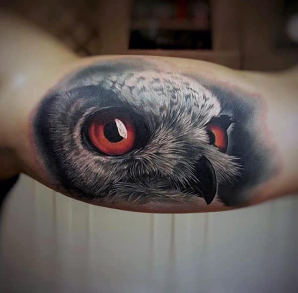 3d Owl Amazing Male Bicep Tattoo Design Inspiration