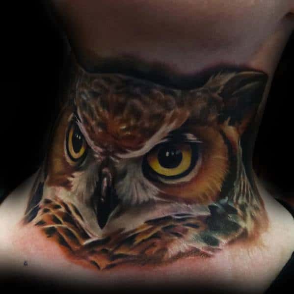 3d Owl Front Of Neck Tattoo Ideas For Males