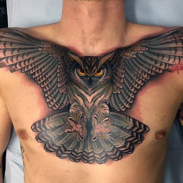 3d Piercing Eyes Mens Owl Tattoo On Chest