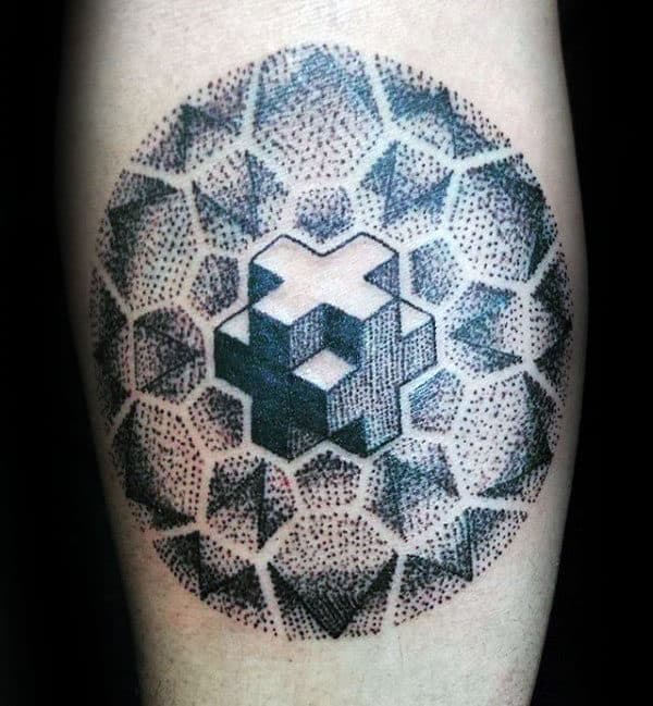 3d Plus Sign Mens Pointillism Arm Tattoo Ideas