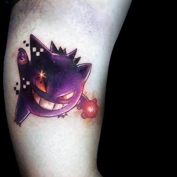Gengar tattoo with a 3D effect and pixelated glitch design, featuring glowing red eyes and a mischievous grin.
