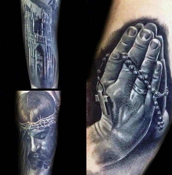 3d Praying Hands Creative Mens Rosary Tattoos On Bicep