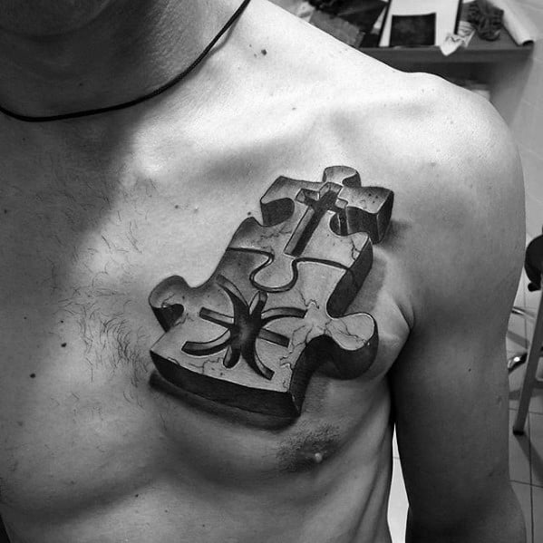 3d Puzzle Peice Mens Small Chest Tattoos