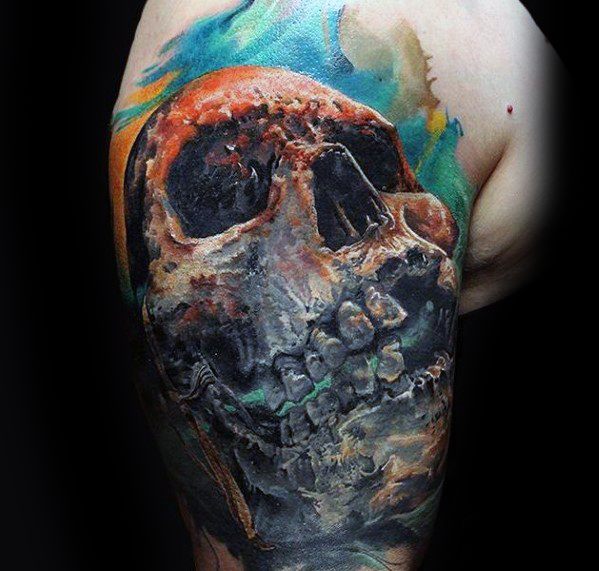 3d Quarter Sleeve Watercolor Skull Male Tattoo Ideas