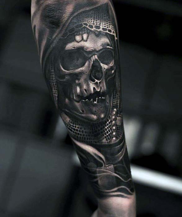 3d Realistic Badass Skull Candle Male Outer Forearm Tattoo Ideas
