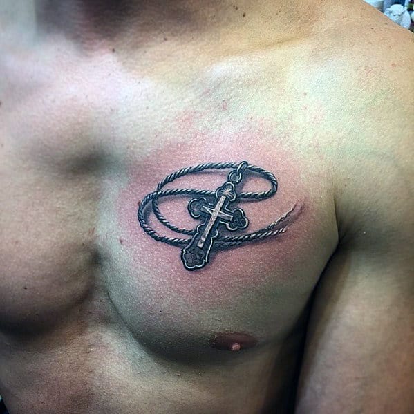 3d Realistic Badass Small Cross Necklace Upper Chest Tattoo For Men