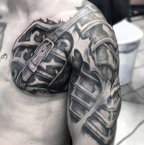 3d Realistic Battle Armor Plate Guys Cool Chest Tattoo Designs