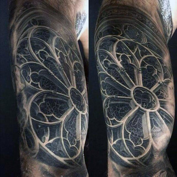 3d Realistic Church Stained Glass Window Tattoo On Man