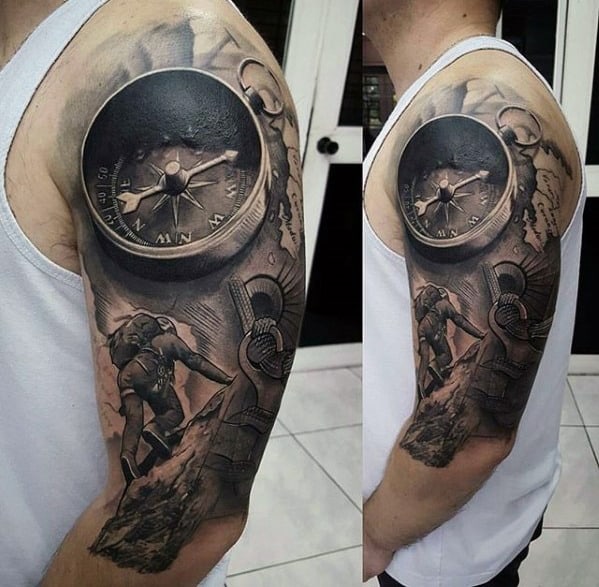 3d Realistic Compass With Mountain Climber Unbelievable Mens Half Sleeve Tattoos