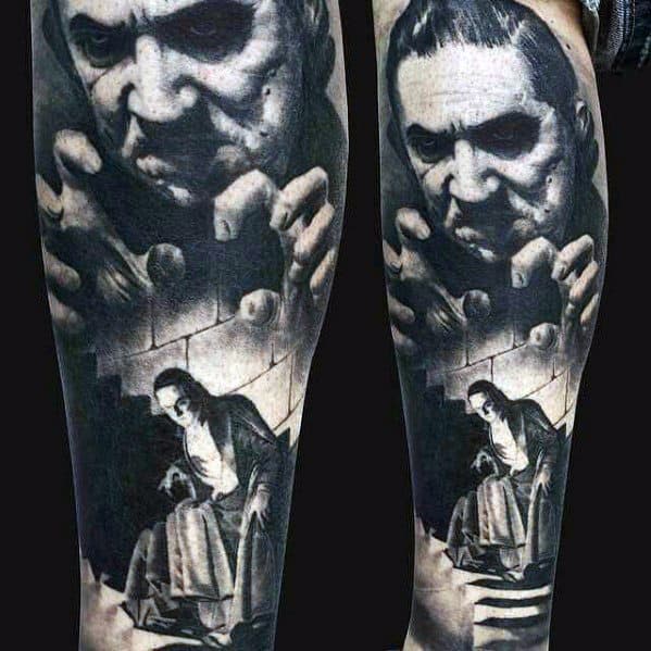 3d Realistic Dracula Castle Mens Leg Sleeve Tattoo