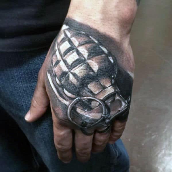 3d Realistic Grenade Male Hand Tattoo