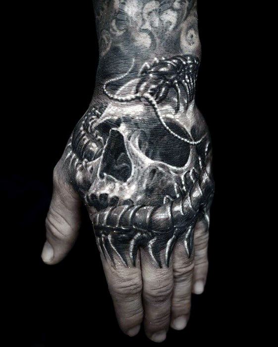 3d Realistic Hand Skull Centipede Mens Tattoo Designs