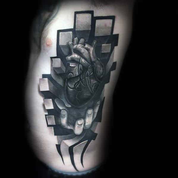 3d Realistic Hand With Heart And Cubes Unusual Male Rib Cage Side Tattoos