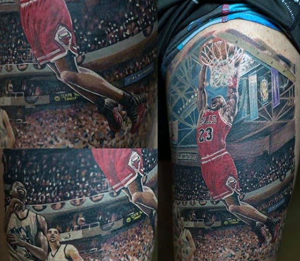 3d Realistic Jordan Dunking Basketball Mens Thigh Tattoo
