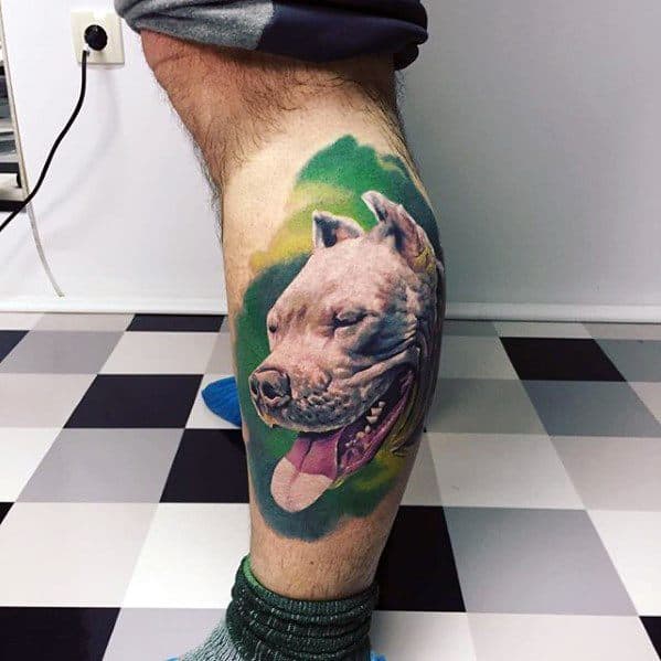 3d Realistic Leg Mens Tattoo With Pitbull Design