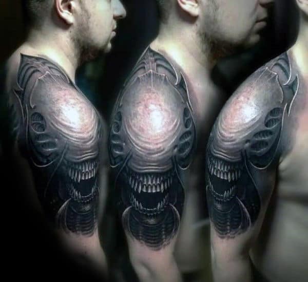 3d Realistic Male Alien Shoulder And Half Sleeve Tattoo