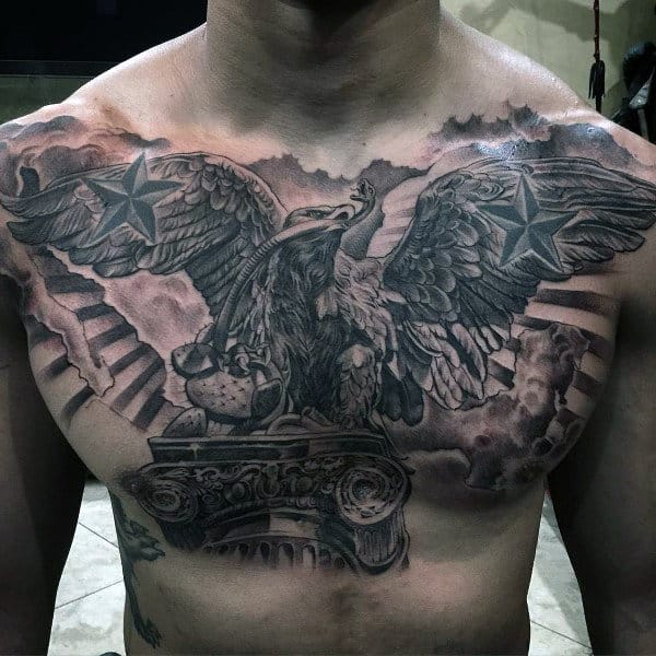 3d Realistic Masculine Male Mexican Eagle Chest Tattoo Design Ideas