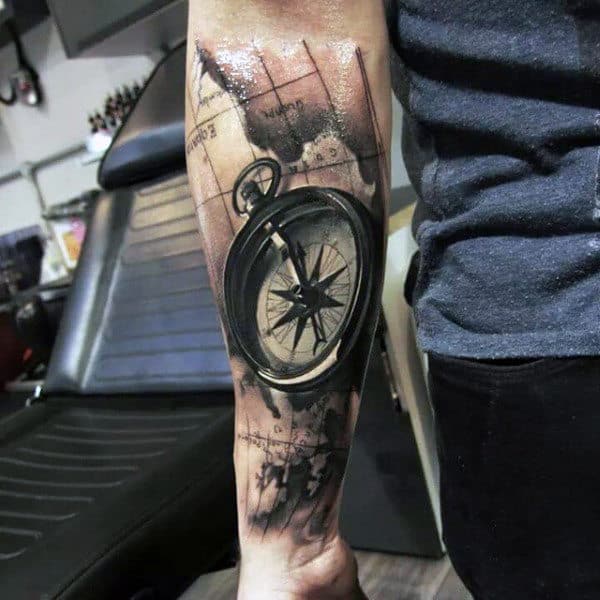 3d Realistic Mens Detailed Compass And Map Forearm Sleeve Tattoos