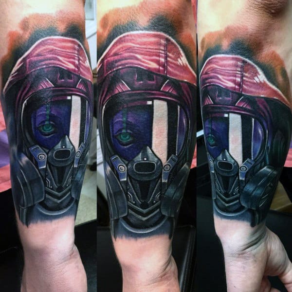 3d Realistic Mens Forearm Gas Mask Tattoo