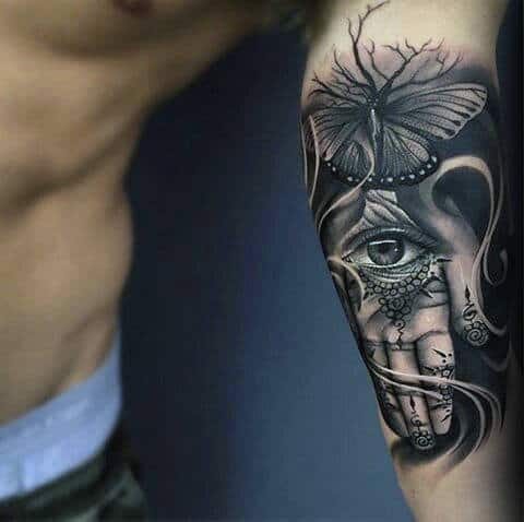 3d Realistic Hamsa Inner Arm Bicep Quarter Sleeve Tattoo