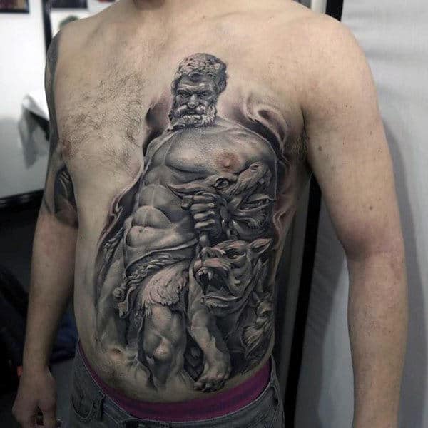 3d Realistic Mens Shaded Black And Grey Cerberus And Hades Rib Cage Side Chest Tattoos