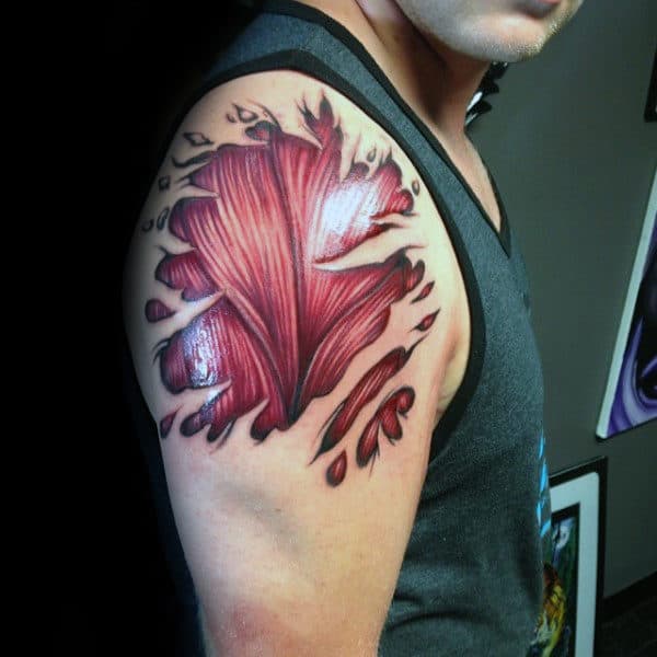 3d Realistic Mens Upper Arm Ripped Skin Muscle Tattoo Designs