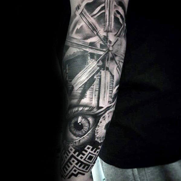 3d Realistic Mens Windmill Shaded Sleeve Tattoos