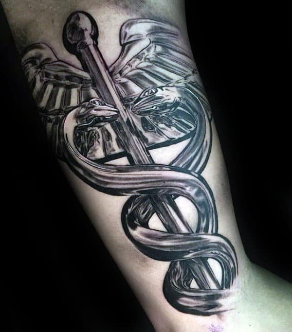 3d Realistic Metallic Caduceus Mens Inner Arm Bicep Tattoos