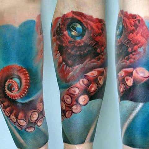 3d Realistic Octopus Floating In Water Mens Forearm Sleeve Tattoos